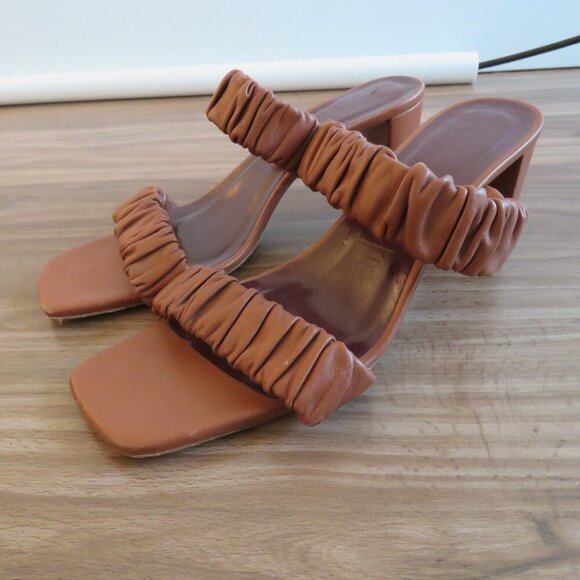 STAUD Frankie Ruched Block Heel Mule Slip On Shoes in Tan Leather - Size US 8 - Picture 2 of 15